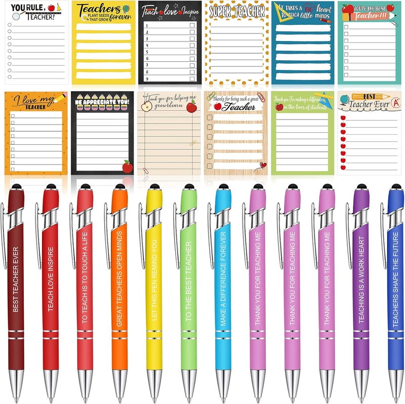 Geyee 24 Pcs Teacher Sticky Notes with Funny Pens 3 x 4 Inch to Do List Notepads with Sayings Pen for Valentines Coworkers Nurse Teacher Employee Office Staff Work Team Appreciation Gifts - Image 1